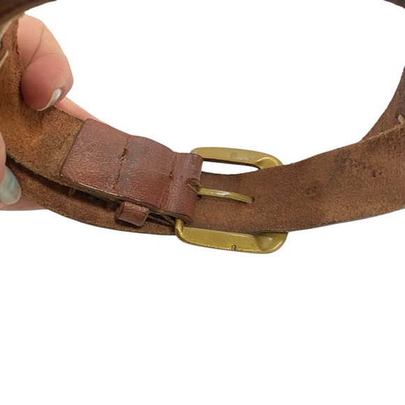 Vintage Brown Leather Belt Brass Studs Studded Boho Unique L XL - Picture 7 of 7